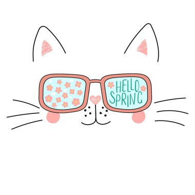 Elle çizilmiş sevimli çizgi komik kedi güneş gözlüğü ile kiraz çiçekleri yansıma ve metin Merhaba Bahar, vektör, illüstrasyon