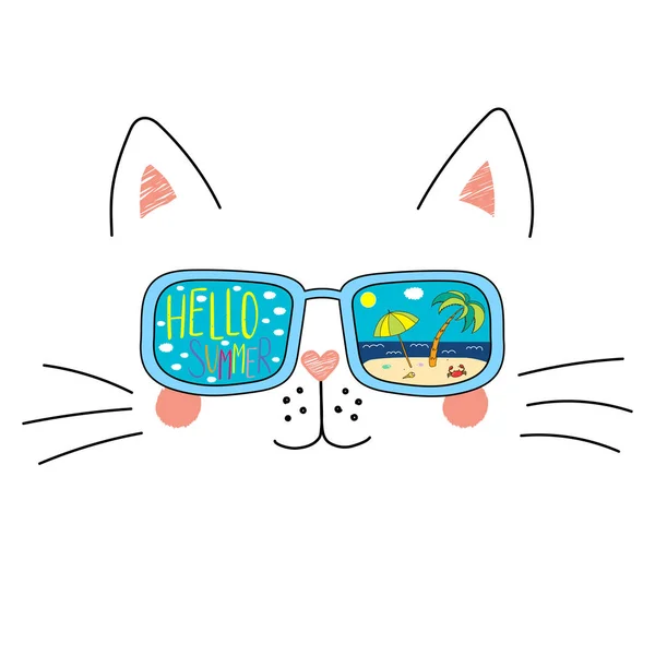 Dibujado Mano Lindo Gato Divertido Dibujos Animados Gafas Sol Con — Vector de stock