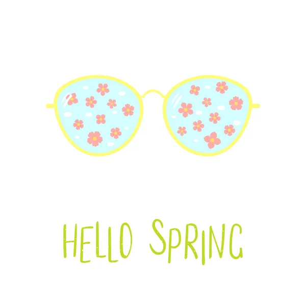 Hand Drawn Sunglasses Falling Cherry Blossoms Reflected Lenses Text Hello — Stock Vector