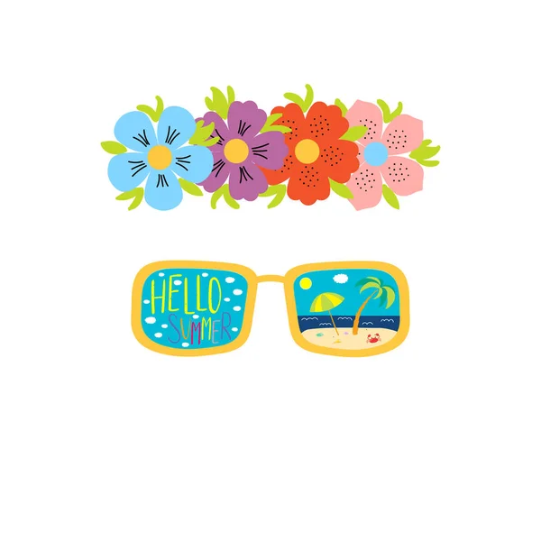 Cadena Flores Dibujadas Mano Gafas Sol Con Escena Playa Reflejada — Vector de stock