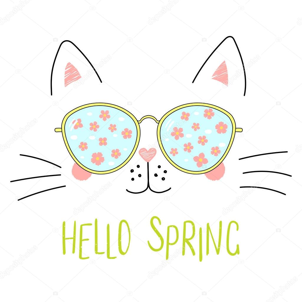 Hand drawn cute cartoon funny cat in sunglasses with cherry blossoms reflection and text Hello Spring, vector, illustration