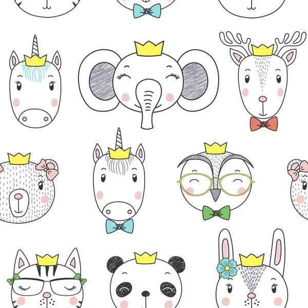 Hand Drawn Seamless Pattern Cute Animal Girl Faces Crowns Vector — Stock Vector