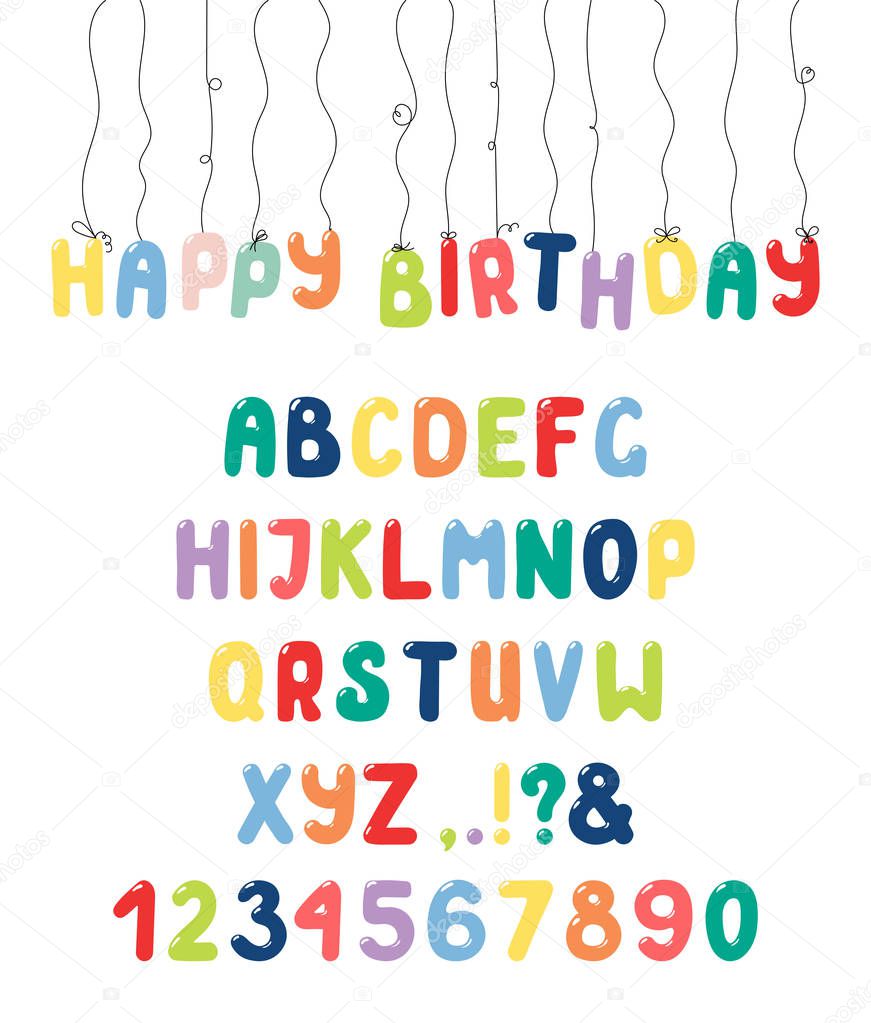 Hand drawn cute and bright roman alphabet with numbers and punctuation marks, vector, illustration