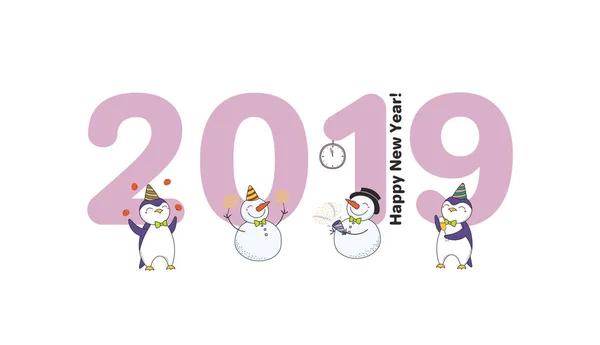 Рука Намальована Новий Рік 2019 Вітальна Листівка Великими Цифрами Милими — стоковий вектор