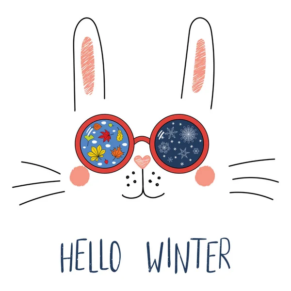Забавный Зайчик Солнечных Очках Снежинками Осенними Листьями Текстом Hello Winter — стоковый вектор