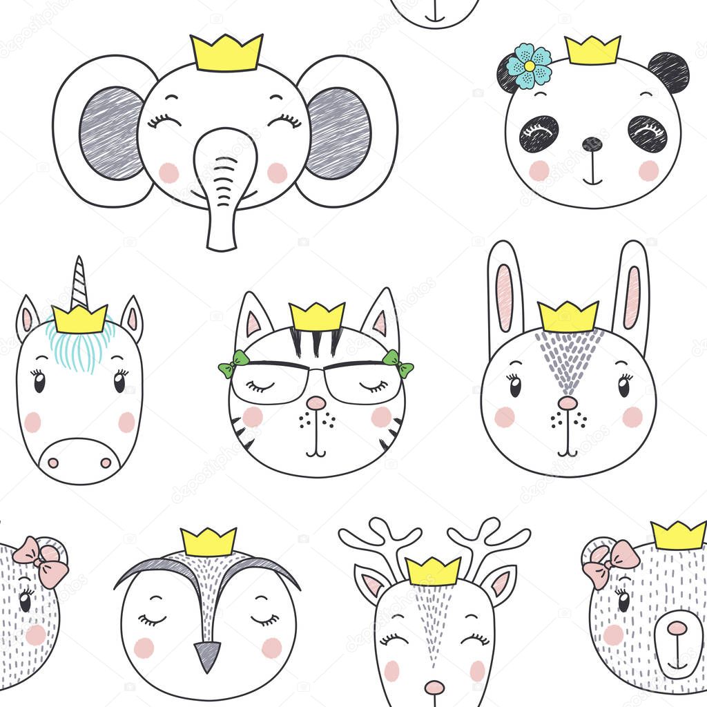 Hand drawn seamless pattern with cute animal faces in crowns, vector, illustration