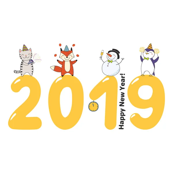 Рука Намальована Щасливий Новий Рік 2019 Вітальна Листівка Милими Смішними — стоковий вектор
