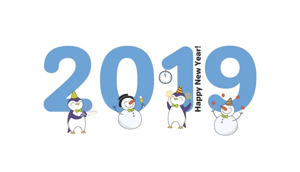 Листівка Намальованою Рукою Новорічна 2019 Вітальна Листівка Великими Цифрами Милими — стоковий вектор