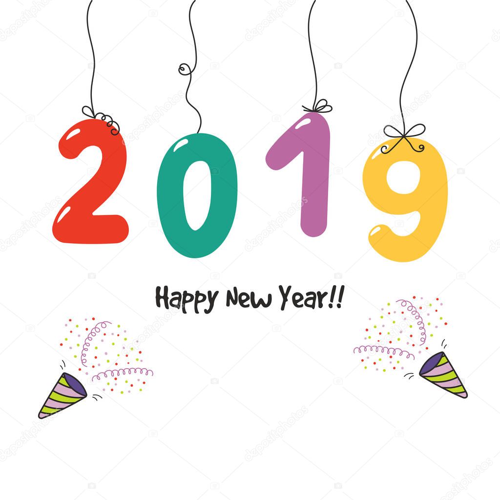 card with hand drawn Happy New Year 2019 greeting card with numbers hanging on strings and party poppers, vector, illustration