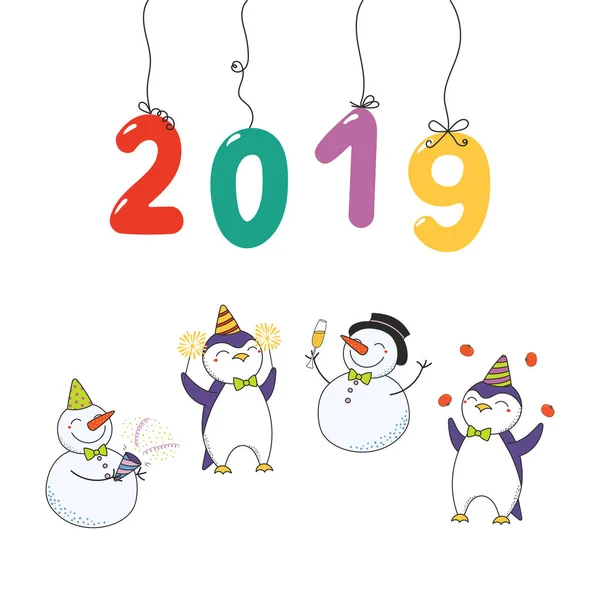 Рука Намальована Листівка Happy New Year 2019 Цифрами Висять Струнах — стоковий вектор