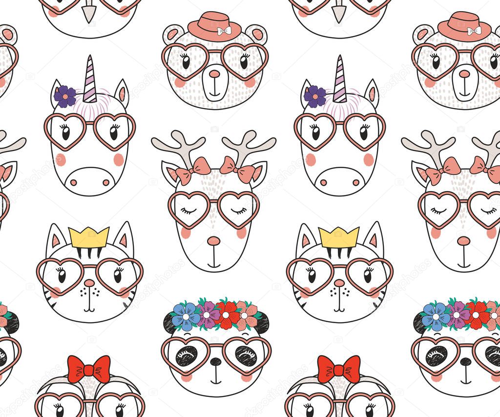 Hand drawn seamless pattern with cute animal faces in heart shaped glasses and hats, vector, illustration