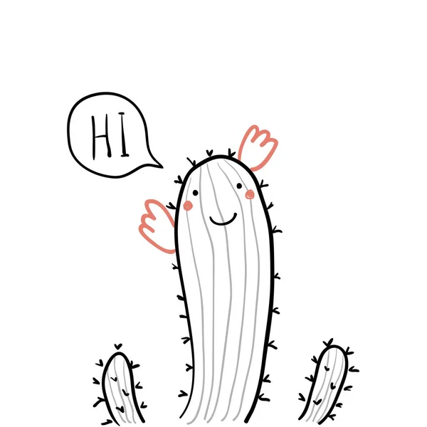 Portrait Dessiné Main Cactus Drôle Mignon Avec Texte Salut Dans — Image vectorielle