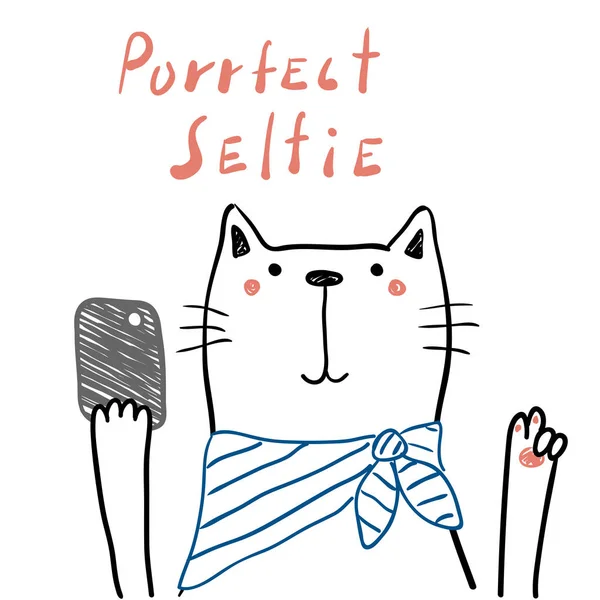 Hand Drawn Portrait Cute Funny Cat Scarf Smartphone Taking Selfie Royalty Free Stock Illustrations