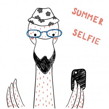 Gözlüklü şirin komik flamingo çizilmiş portresi alarak selfie ve metin yaz selfie, vektör, illüstrasyon smartphone ile el