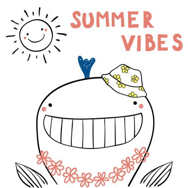 Metin yaz vibes, vektör, illüstrasyon ile yaz güneşi altında kova şapkalı çiçek zincirindeki şirin komik balina el çizilmiş portresi