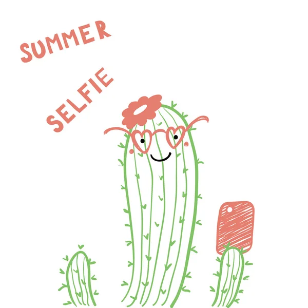 Hand Drawn Portrait Cute Funny Cactus Glasses Smartphone Taking Selfie — Stock Vector