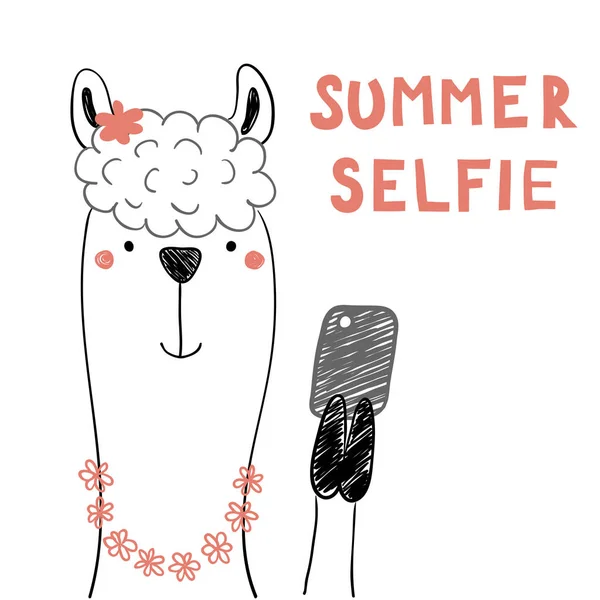 Handgezeichnetes Porträt Des Süßen Lustigen Lamas Blumenkette Mit Smartphone Das — Stockvektor