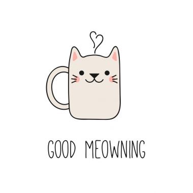 El çekilmiş kawaii komik dumanı tüten kupa bardak kedi kulakları, vektör, illüstrasyon