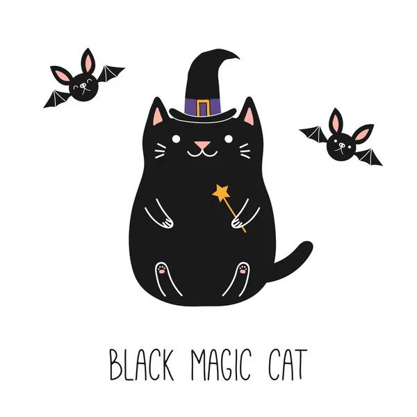 Mão Desenhado Kawaii Engraçado Gato Preto Chapéu Bruxa Segurando Varinha — Vetor de Stock