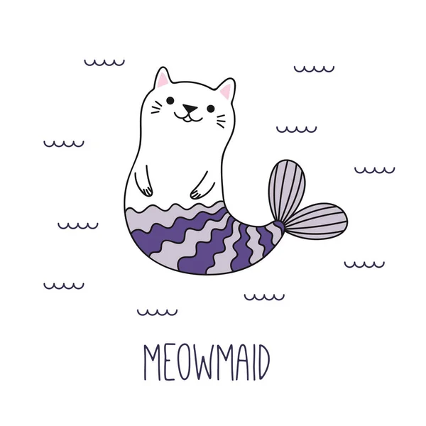 Mano Disegnato Kawaii Divertente Gatto Sirena Nuoto Mare Vettore Illustrazione — Vettoriale Stock