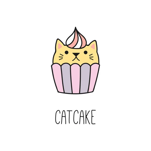 Dibujado Mano Kawaii Cupcake Divertido Con Orejas Gato Vector Ilustración — Archivo Imágenes Vectoriales