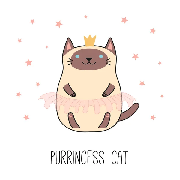 Dibujado Mano Kawaii Divertido Gato Siamés Corona Con Tutú Ballet — Vector de stock