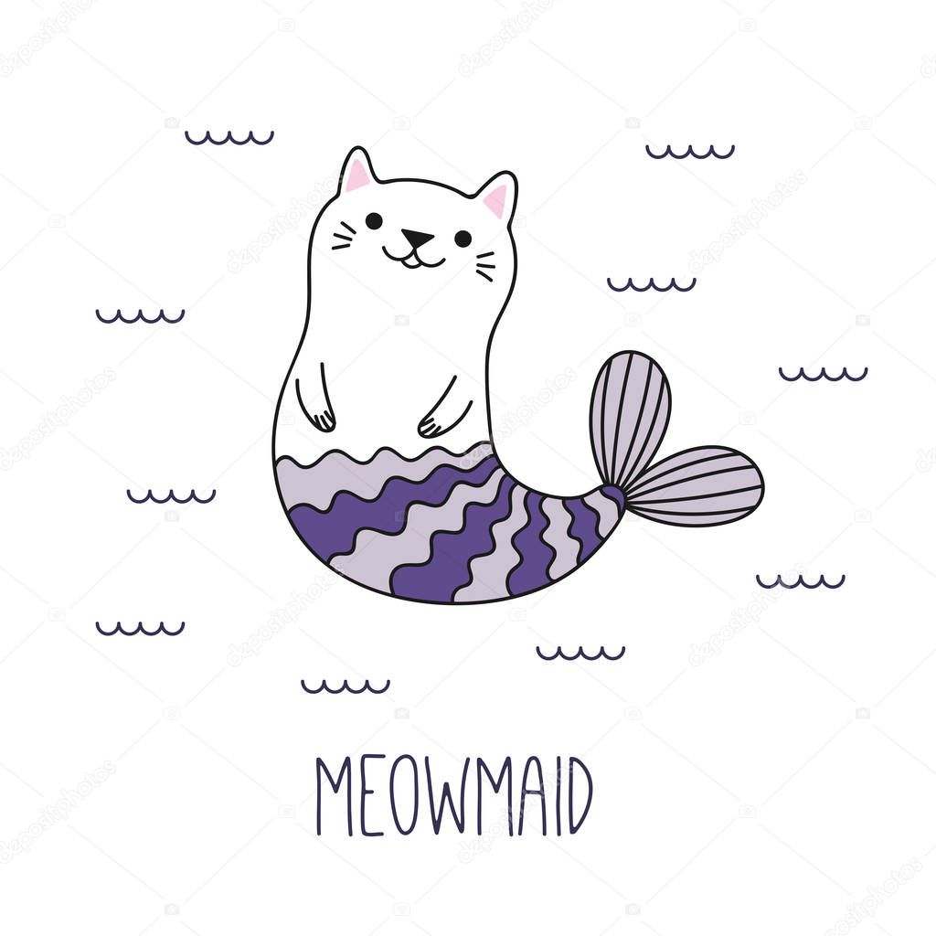 Hand drawn kawaii funny cat mermaid swimming in sea, vector, illustration