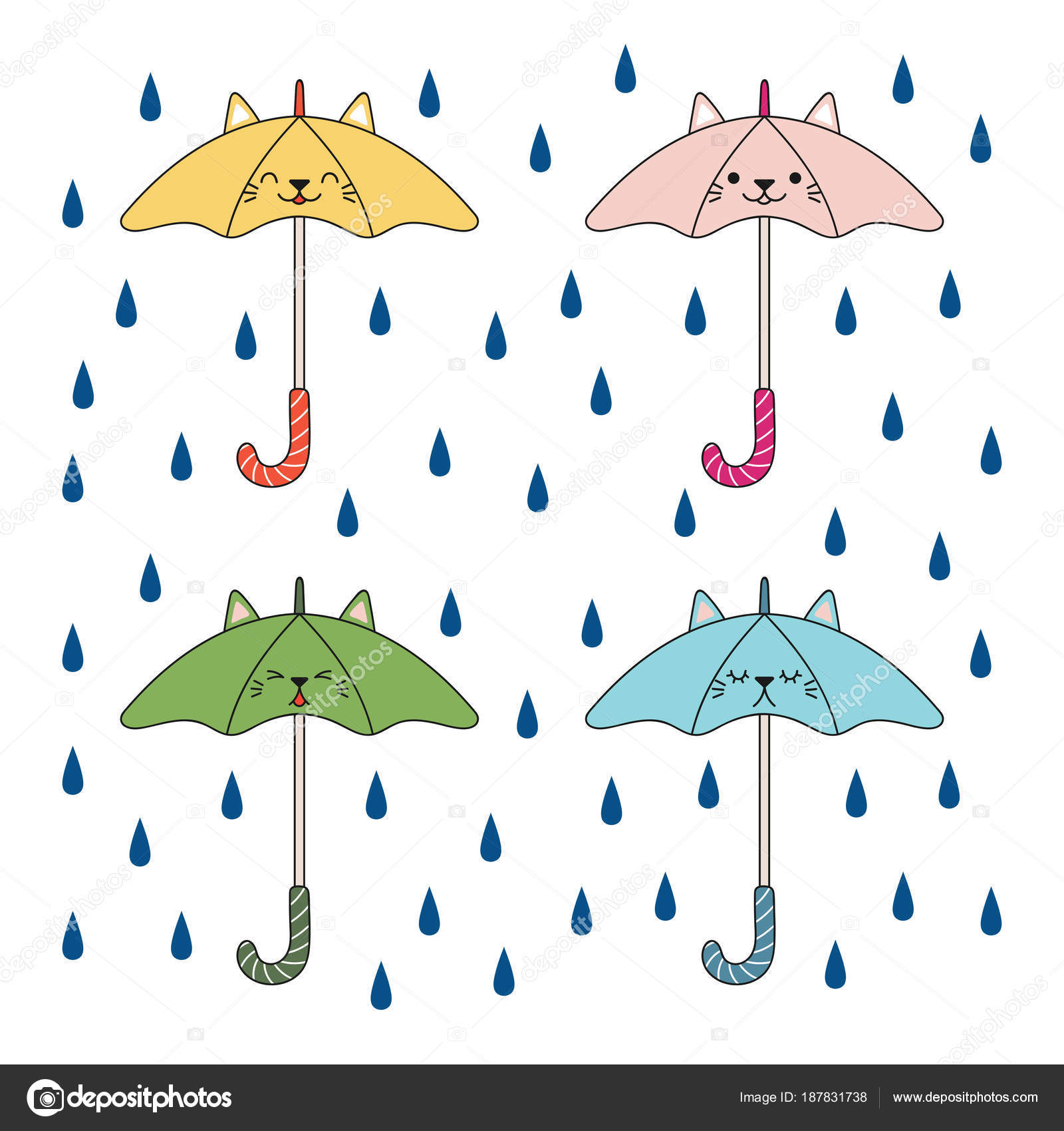 Hand Drawn Kawaii Funny Umbrellas Cat Ears Rain Vector Illustration Stock Vector Image by ©Maria