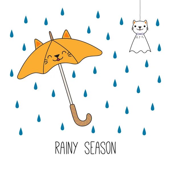 手描きかわいい猫傘日本輝輝坊主人形下雨 ベクトル イラスト — ストックベクタ