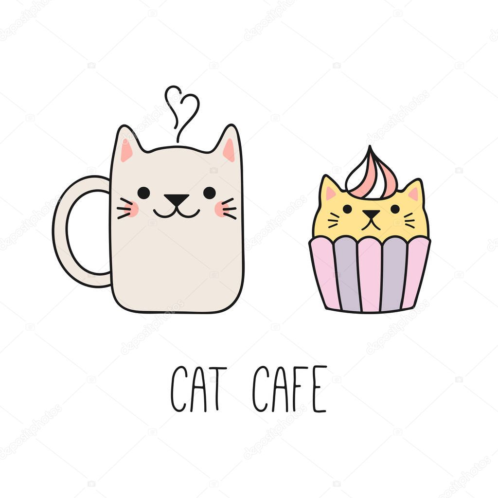 Hand drawn kawaii funny steaming mug cup and cupcake with cat ears, vector, illustration