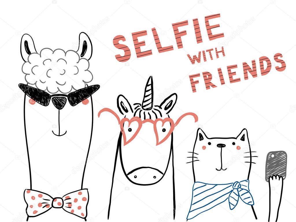 Hand drawn cute funny unicorn with llama and cat taking selfie together, vector, illustration