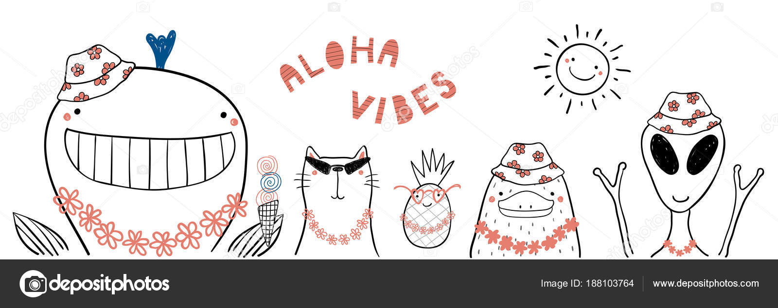 手描きかわいい変な動物イラスト ベクトル夏の太陽の下でバケツ帽子花の