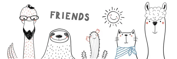Χέρι Συντάσσονται Χαριτωμένα Αστεία Ζώα Και Κείμενο Φίλους Διάνυσμα Εικονογράφηση — Διανυσματικό Αρχείο