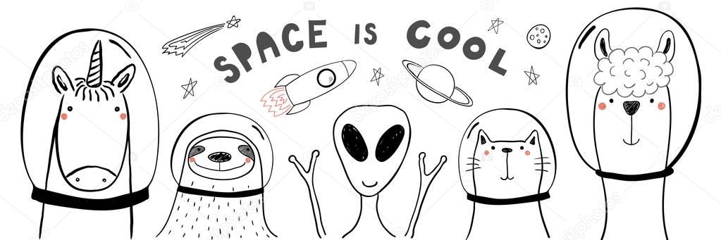 Hand drawn cute funny animals in space with typography, vector, illustration