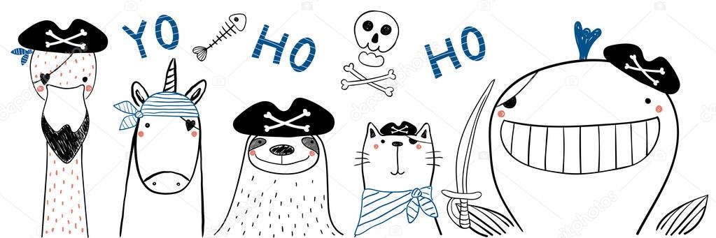 Hand drawn cute funny pirate animals in tricorne hats with eye patches, vector, illustration