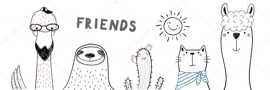 Hand drawn cute funny animals and text Friends, vector, illustration