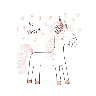 Elle çizilmiş vektör çizim pembe kıvırcık yele ve kuyruk, metin ile olan şirin bir komik at. Beyaz arka plan üzerinde izole nesneleri. Çizgi çizme. Doldurulmamış anahat. Çocuklar baskı için tasarım konsepti.