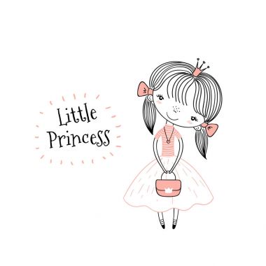 El vektör çizim şirin küçük Prenses pembe elbiseli, metin ile çekilmiş. Beyaz arka plan üzerinde izole nesneleri. Çizgi çizme. Doldurulmamış anahat. Çocuklar baskı için tasarım konsepti.