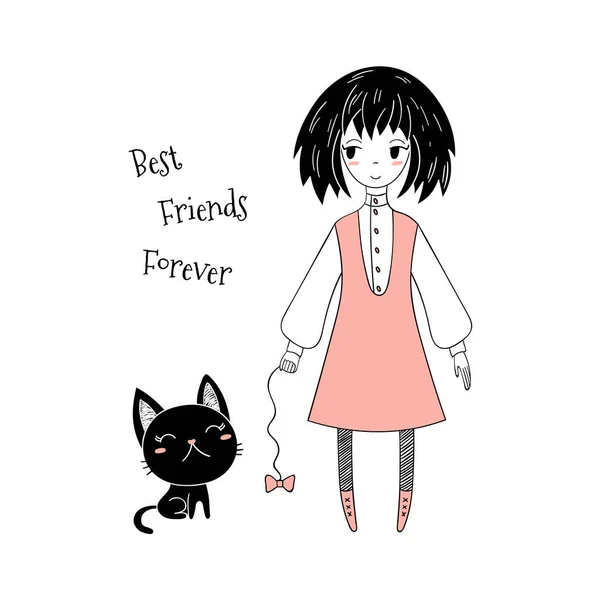 Ilustração Vetor Desenhado Mão Uma Menina Bonito Pinafore Gatinho Com — Vetor de Stock