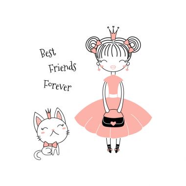Elle çizilmiş vektör çizim pembe elbise ve metin ile a yavru kedi, sevimli küçük bir prenses. Beyaz arka plan üzerinde izole nesneleri. Çizgi çizme. Doldurulmamış anahat. Çocuklar baskı için tasarım konsepti.