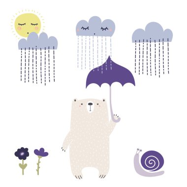 Bir şirin komik ayı şemsiye, yağmurlu bir günde yürüyüşe ile çizilmiş vektör çizim ver. Beyaz arka plan üzerinde izole nesneleri. İskandinav tarzı tasarım. Kavram giyim ve kreş yazdırma.