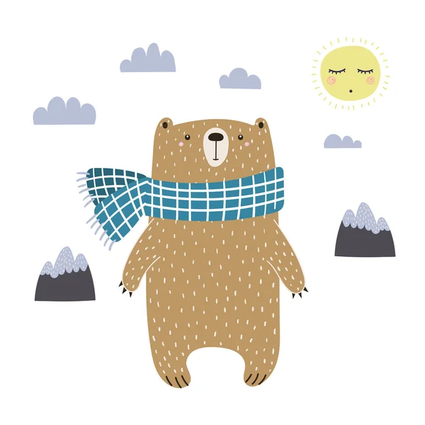 手绘矢量插图一个可爱的滑稽熊在消声器 去散步 白色背景上的孤立对象 斯堪的纳维亚风格的设计 儿童服装的概念 托儿所打印 — 图库矢量图片