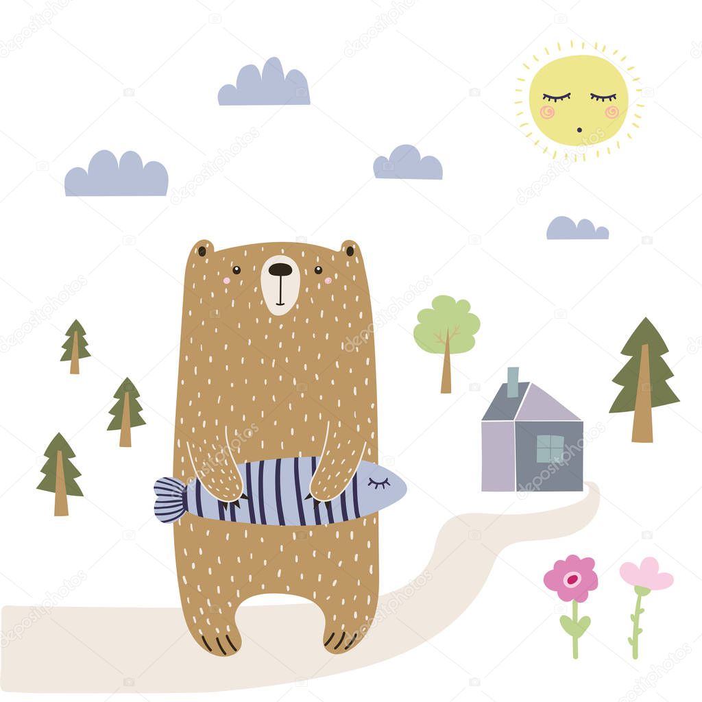 Hand drawn vector illustration of a cute funny bear holding a fish, going home. Isolated objects on white background. Scandinavian style design. Concept for kids apparel, nursery print.