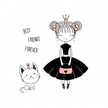 Elle çizilmiş vektör çizim siyah elbise ve metin ile a yavru kedi, sevimli küçük bir prenses. Beyaz arka plan üzerinde izole nesneleri. Çizgi çizme. Doldurulmamış anahat. Çocuklar baskı için tasarım konsepti.