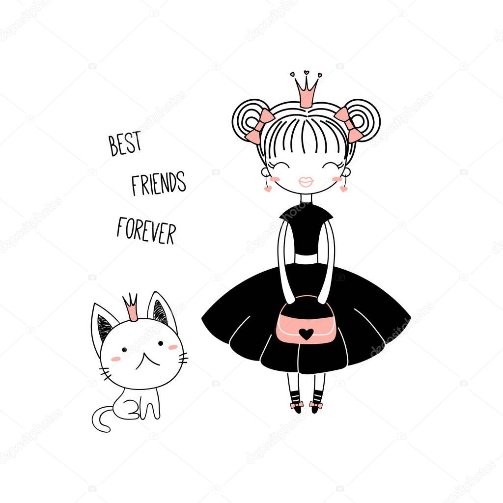 Hand drawn vector illustration of a cute little princess in a black dress and a kitten, with text. Isolated objects on white background. Line drawing. Unfilled outline. Design concept for kids print.