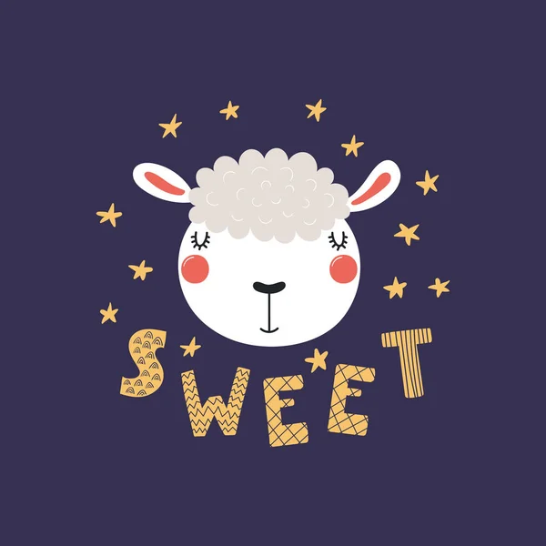 Funny Lamb Face Stars Word Sweet — Stock Vector