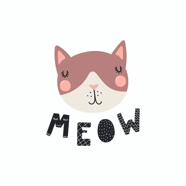 Divertido Gato Cara Con Palabra Maullido Blanco Fondo — Vector de stock