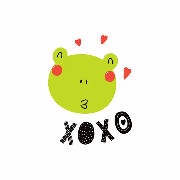 滑稽的青蛙面孔与心脏和词 Xoxo 在光背景下 — 图库矢量图片