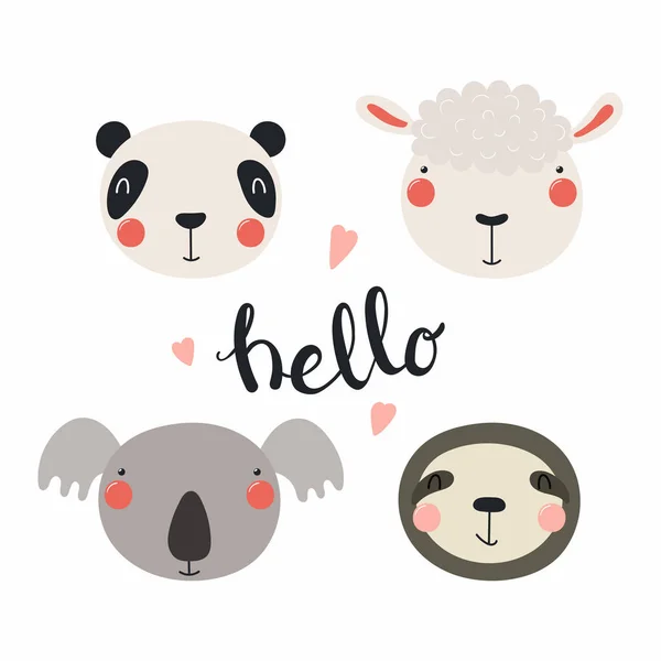Set Funny Animals Faces Word Hello White Background — Stock Vector