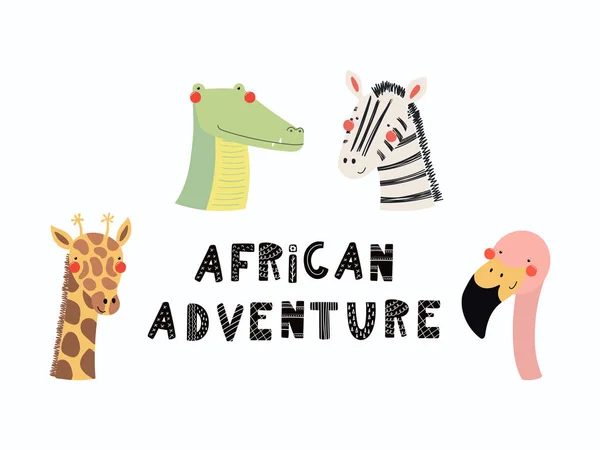 Zbiór Zabawnych Zwierząt Twarze Słów Afrykańskiej Przygody — Wektor stockowy
